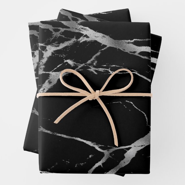 Luxury Silver Black Marble Customize Wrapping Paper Sheet (In situ)
