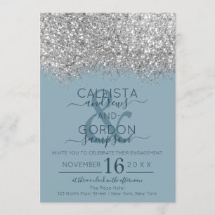 Luxury Silver Blue Glitter Confetti Engagement Invitation