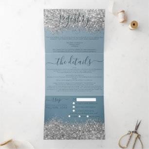 Luxury Silver Blue Glitter Registry Detail RSVP Tri-Fold Invitation