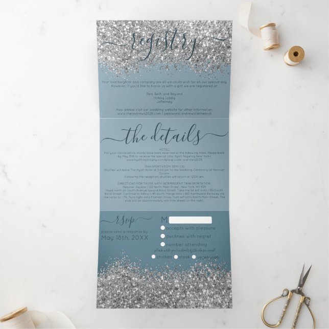 Luxury Silver Blue Glitter Registry Detail RSVP Tri-Fold Invitation (Inside)