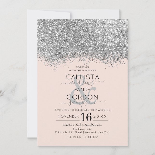 Luxury Silver Blush Glitter Confetti Wedding Invitation (Front)