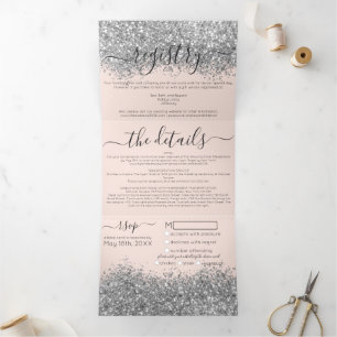 Luxury Silver Blush  Glitter Registry Detail RSVP Tri-Fold Invitation