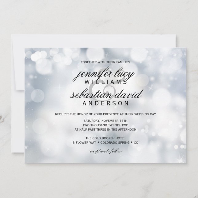 Luxury Silver Bokeh Light Chic Wedding Invitation (Front)