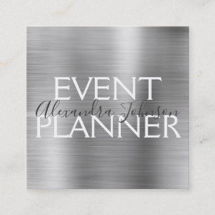 Luxury Silver Brushed Metal Event Planner Square Business Card