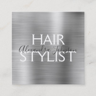 Luxury Silver Brushed Metal Hair Stylist Square Business Card