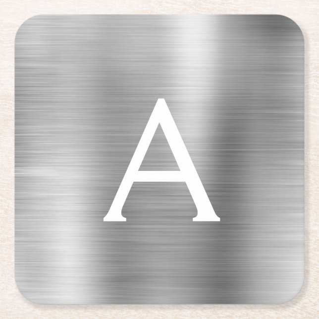 Luxury Silver Brushed Metal Monogram Name Initial Square Paper Coaster (Front)