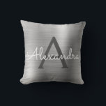 Luxury Silver Brushed Metal Monogram Name Initial Throw Pillow<br><div class="desc">Luxury Silver Foil Brushed Metal Monogram Name and Initial Pillow. The pillow makes the perfect gift for someone decorating her room in silver.</div>
