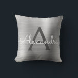 Luxury Silver Brushed Metal Monogram Name Initial Throw Pillow<br><div class="desc">Luxury Silver Foil Brushed Metal Monogram Name and Initial Pillow. The pillow makes the perfect gift for someone decorating her room in silver.</div>