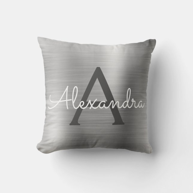 Luxury Silver Brushed Metal Monogram Name Initial Throw Pillow (Front)