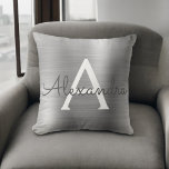 Luxury Silver Brushed Metal Monogram Name Initial Throw Pillow<br><div class="desc">Luxury Silver Foil Brushed Metal Monogram Name and Initial Pillow. The pillow makes the perfect gift for someone decorating her room in silver.</div>