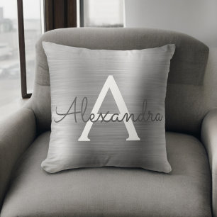 Luxury Silver Brushed Metal Monogram Name Initial Throw Pillow