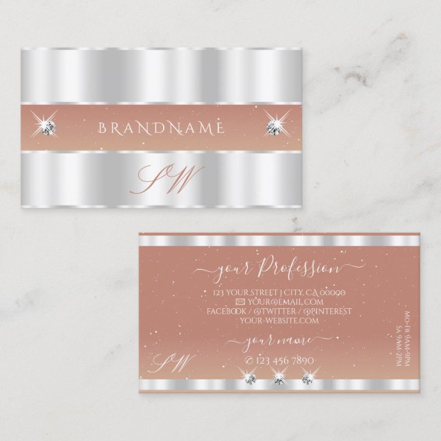 Luxury Silver Coral Sparkling Diamonds Monogram Business Card (Front/Back)