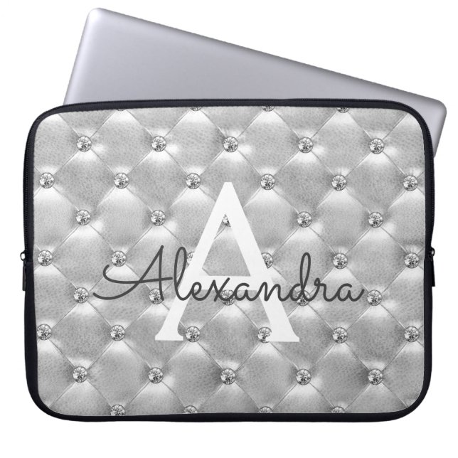 Luxury Silver Elegant Vintage Monogram Laptop Sleeve (Front)