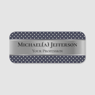Luxury Silver & Elegant White Dark Blue Polka Dots Name Tag
