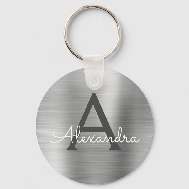 Luxury Silver Faux Stainless Steel Monogram Keychain (Front)