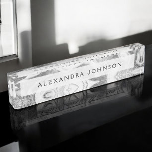 Luxury Silver Foil Modern Marble Swirl Nameplate