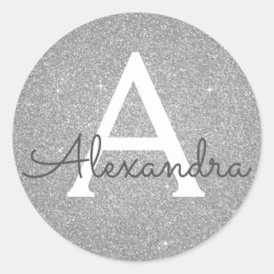 Luxury Silver Glitter and Sparkle Monogram Classic Round Sticker