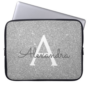 Luxury Silver Glitter and Sparkle Monogram Laptop Sleeve