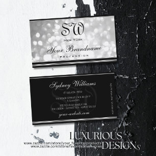 Luxury Silver Glitter Black Monogram Silver Border Business Card