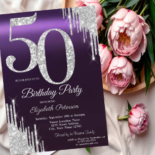 Luxury Silver Glitter Drips Purple 50th  Invitation