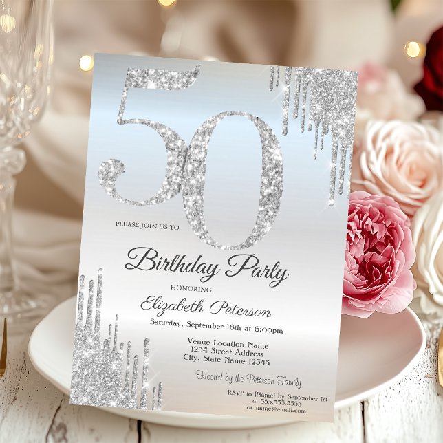 Luxury Silver Glitter Drips Silver 50th  Invitation (Creator Uploaded)