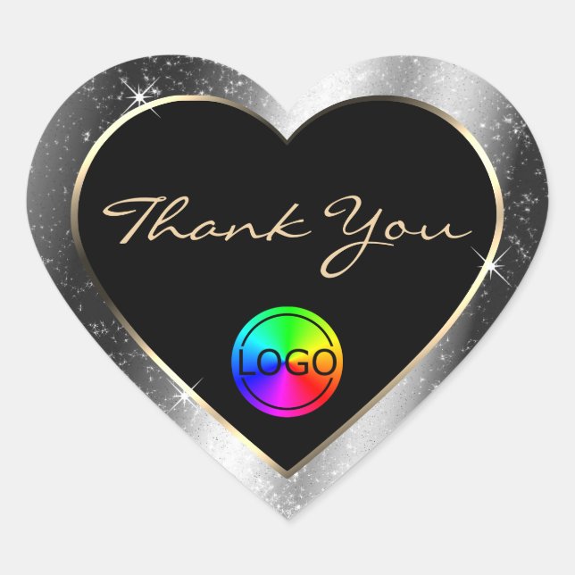 Luxury Silver Glitter Frame Thank You with Logo Heart Sticker (Front)