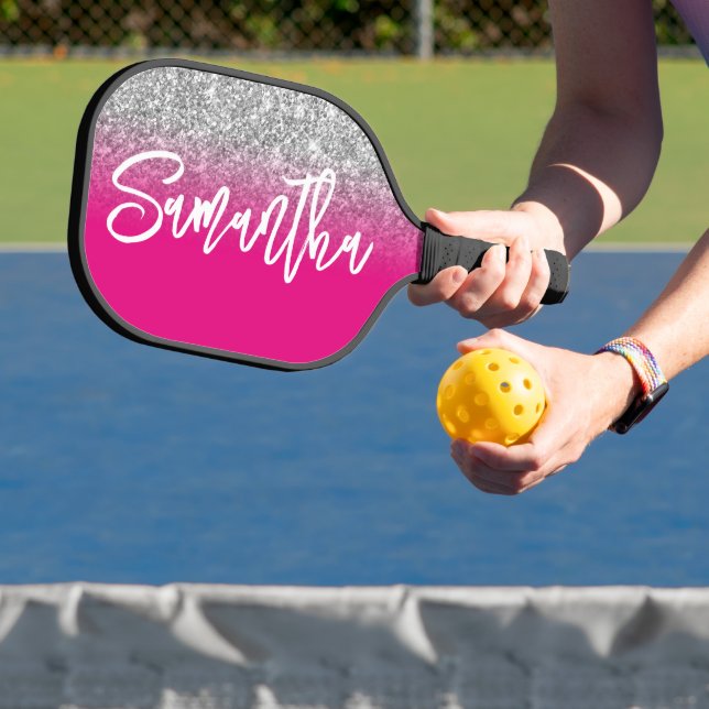 Luxury Silver Glitter Hot Pink Ombre Personalized Pickleball Paddle (Insitu)