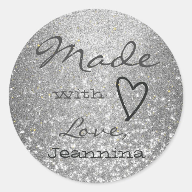Luxury Silver Glitter Made with Love Heart Cute Classic Round Sticker (Front)