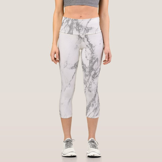 Luxury Silver Glitter Marble Capri Leggings (Front)