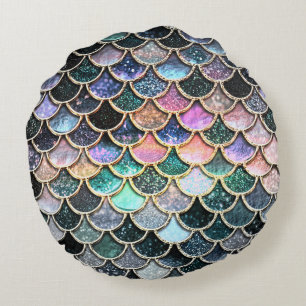 Luxury silver Glitter Mermaid Scales Round Pillow