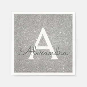 Luxury Silver Glitter & Sparkle Monogram Birthday Napkin