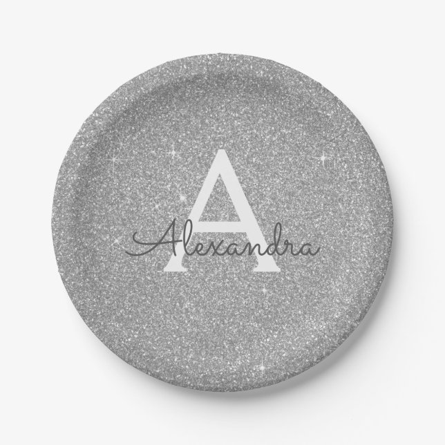Luxury Silver Glitter & Sparkle Monogram Birthday Paper Plate (Front)