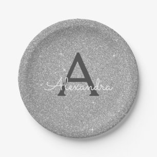 Luxury Silver Glitter & Sparkle Monogram Birthday Paper Plate