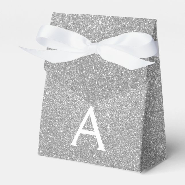 Luxury Silver Glitter & Sparkle Monogram Favor Box (Front Side)