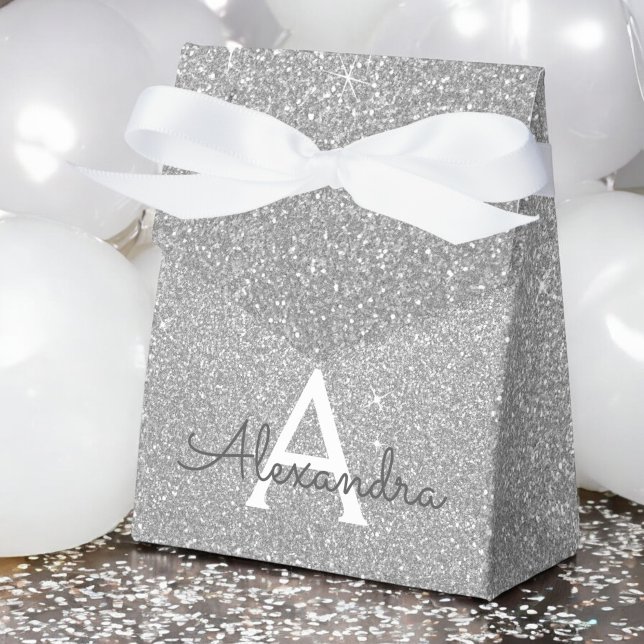 Luxury Silver Glitter & Sparkle Monogram Favor Box (Creator Uploaded)