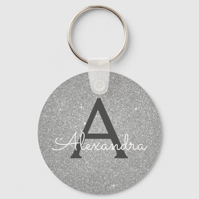 Luxury Silver Glitter & Sparkle Monogram Keychain (Front)