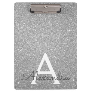 Luxury Silver Glitter & Sparkle Monogram School Clipboard