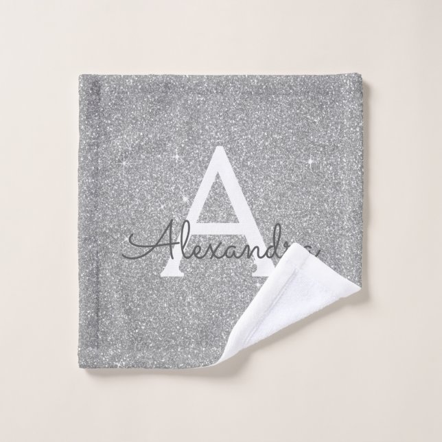 Luxury Silver Glitter & Sparkle Monogram Wash Cloth (Wash Cloth)