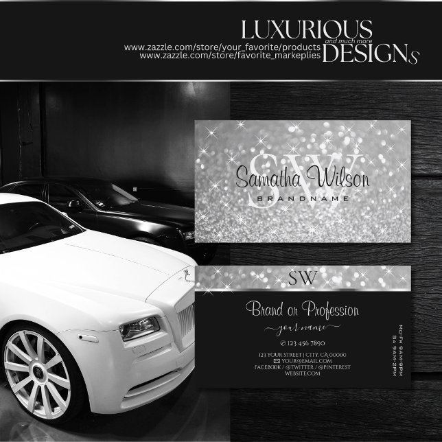 Luxury Silver Glitter Sparkle Stars Monogram Smart Business Card (Creator Uploaded)
