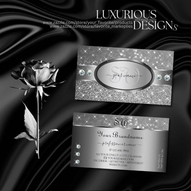 Luxury Silver Glitter Stars Diamonds and Monogram Business Card (Creator Uploaded)