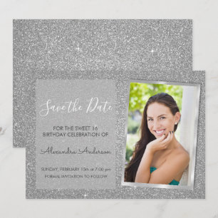 Luxury Silver Glitter Sweet 16 Save the Date Invitation