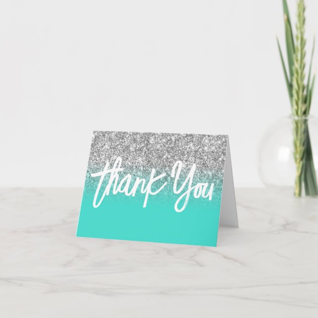 Luxury Silver Glitter Turquoise Ombre Thank You Card (Front)