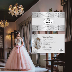 Luxury Silver Grey Ornate Borders Logo and Photo Business Card