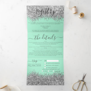 Luxury Silver Mint Glitter Registry Detail RSVP Tri-Fold Invitation