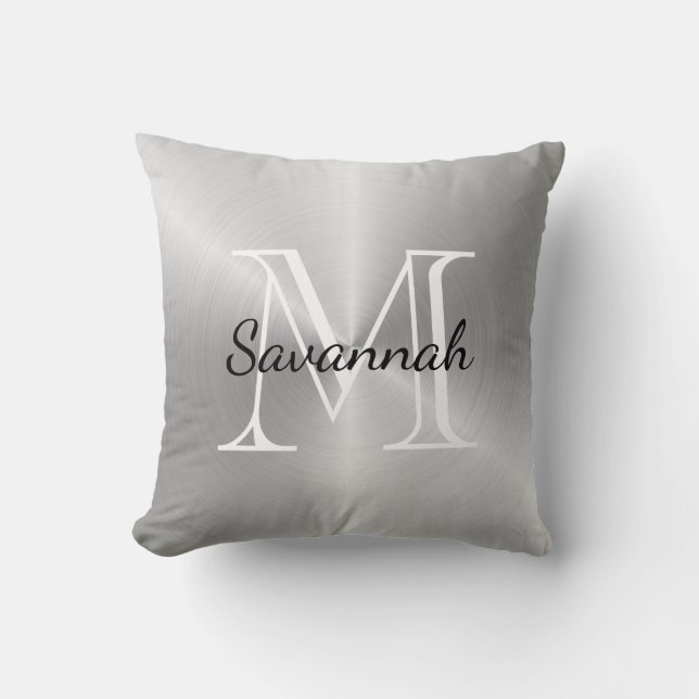 Luxury Silver Monogram Faux Metal Throw Pillow (Front)