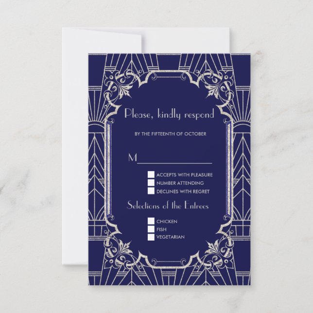 Luxury Silver Navy Blue Great 20s Wedding RSVP Card (Front)