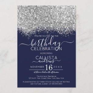Luxury Silver Navy Glitter Confetti Birthday Invitation