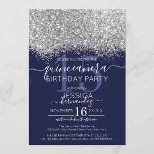 Luxury Silver Navy Glitter Confetti Quinceañera Invitation