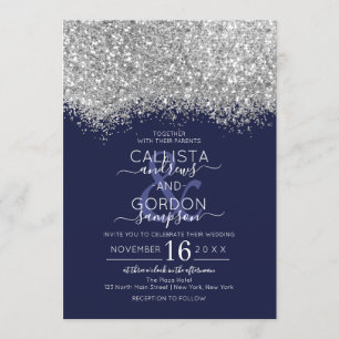 Luxury Silver Navy Glitter Confetti Wedding Invitation