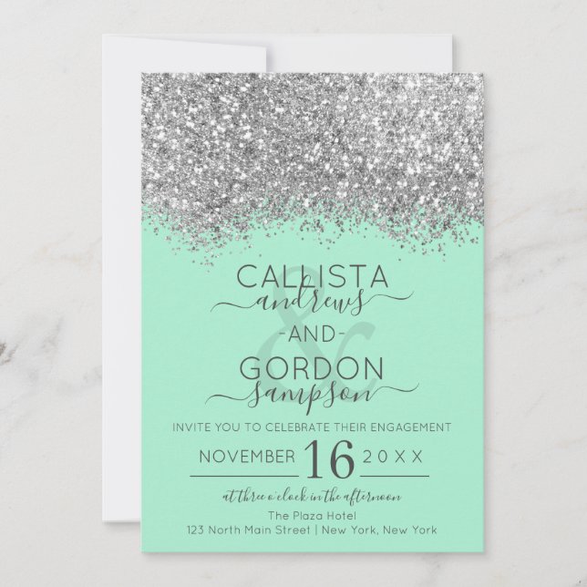 Luxury Silver Neo Mint Glitter Confetti Engagement Invitation (Front)